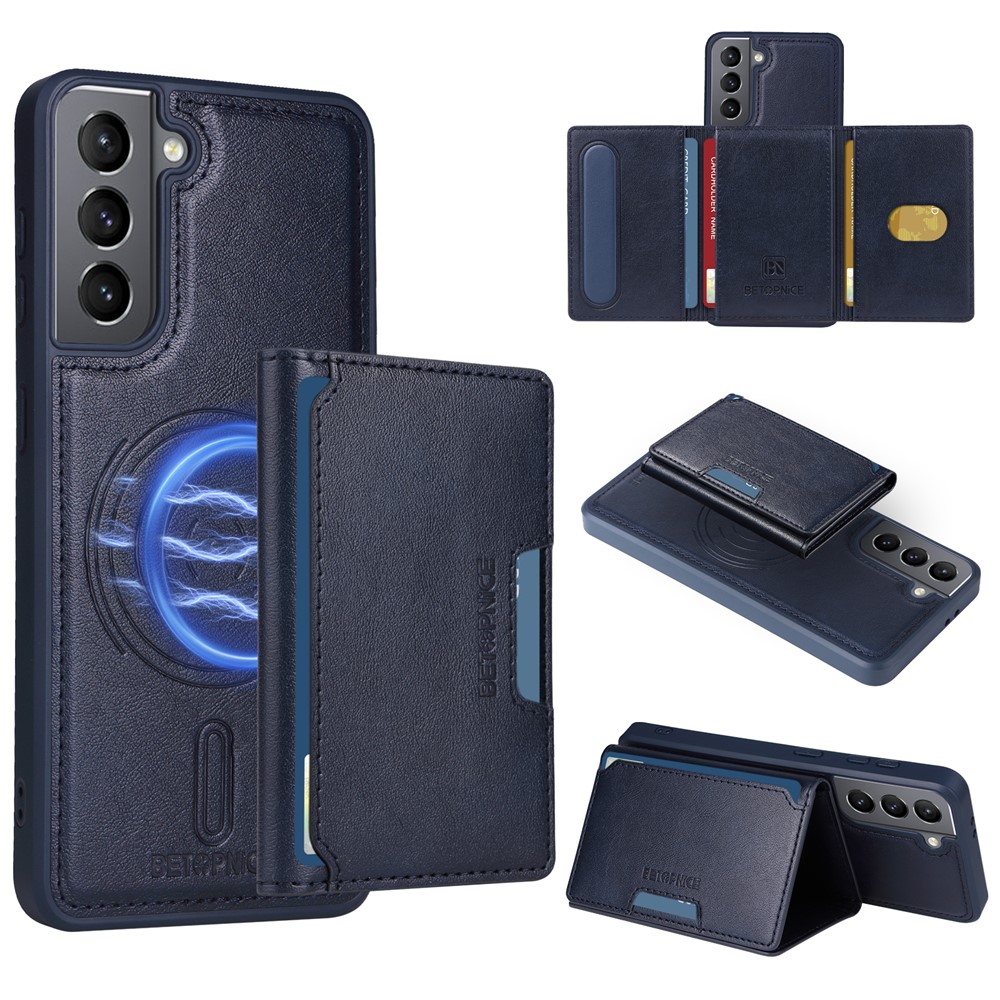 BETOPNICE For Samsung Galaxy S21 5G Magnetic Case Leather Phone Cover Kickstand with Detachable Card Bag - Blue