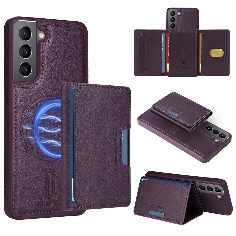 BETOPNICE For Samsung Galaxy S21 5G Magnetic Case Leather Phone Cover Kickstand with Detachable Card Bag - Purple