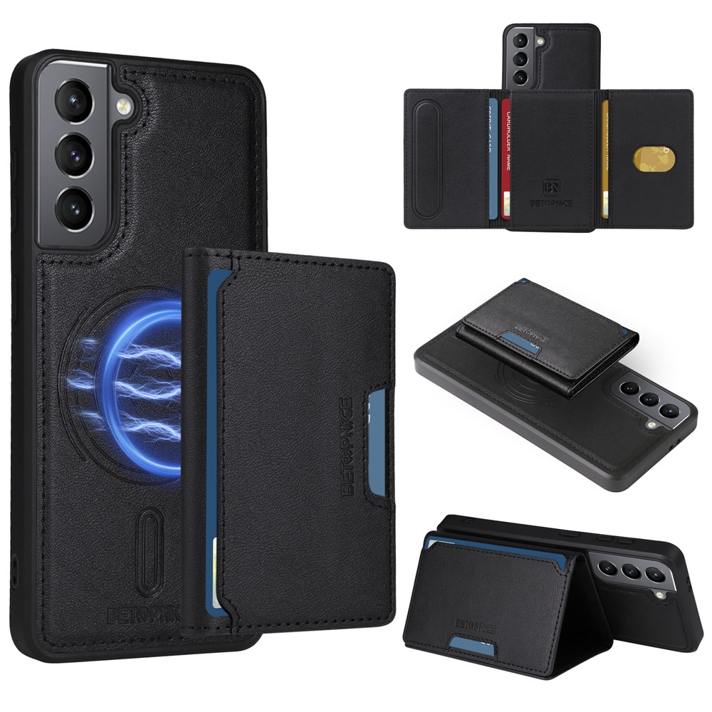 BETOPNICE For Samsung Galaxy S21 5G Magnetic Case  Leather Phone Cover Kickstand with Detachable Card Bag - Black