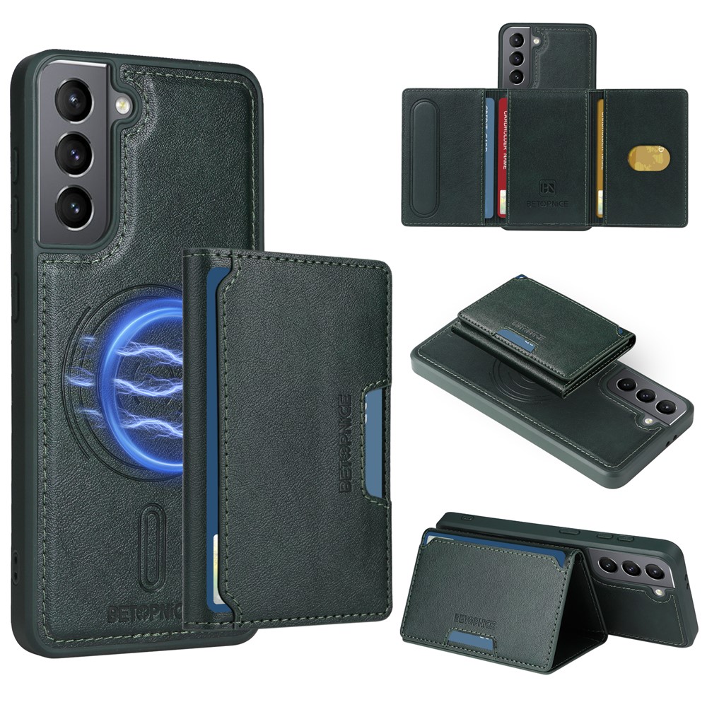 BETOPNICE For Samsung Galaxy S21 5G Magnetic Case Leather Phone Cover Kickstand with Detachable Card Bag - Green