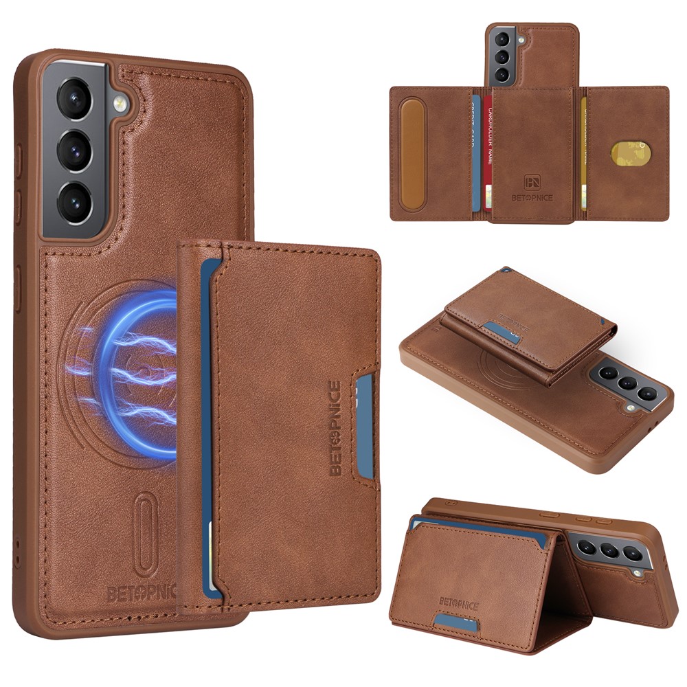 BETOPNICE For Samsung Galaxy S21 5G Magnetic Case Leather Phone Cover Kickstand with Detachable Card Bag - Brown