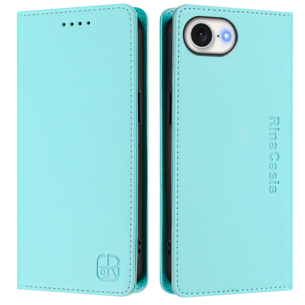 For iPhone 16e Leather Case RINACASIS RC01 Phone Cover with RFID Blocking Wallet Stand - Mint Green