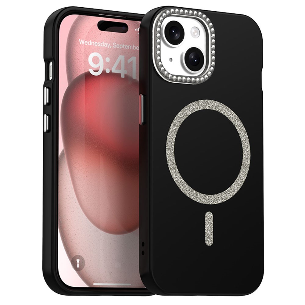For iPhone 15 Case Compatible with MagSafe TPU + PET Phone Cover with Rhinestone Decor Lens Frame - Black