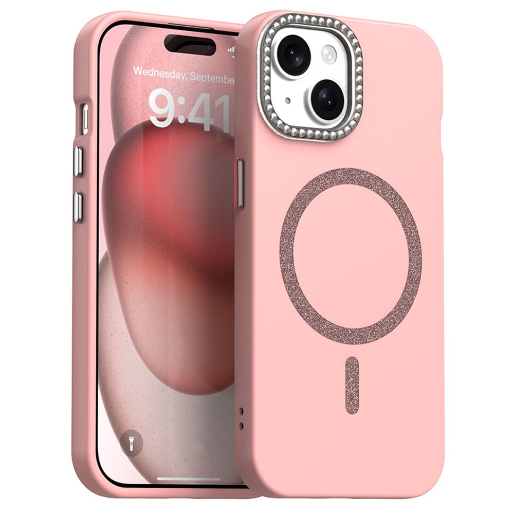 For iPhone 15 Case Compatible with MagSafe TPU + PET Phone Cover with Rhinestone Decor Lens Frame - Pink