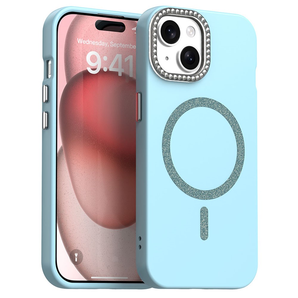 For iPhone 15 Case Compatible with MagSafe TPU + PET Phone Cover with Rhinestone Decor Lens Frame - Blue