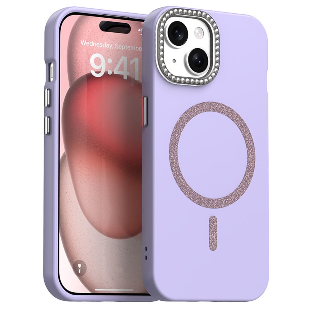 For iPhone 15 Case Compatible with MagSafe TPU + PET Phone Cover with Rhinestone Decor Lens Frame - Purple