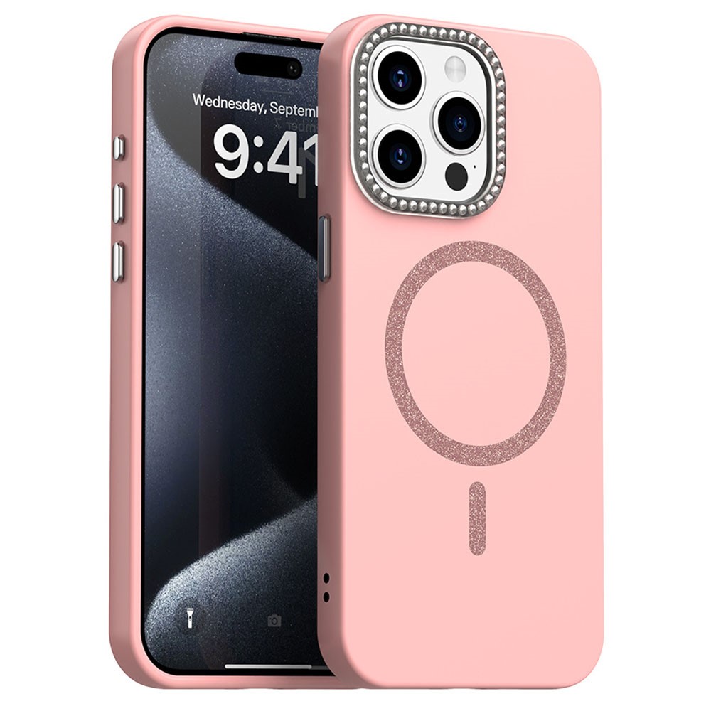 For iPhone 15 Pro Case Compatible with MagSafe TPU + PET Phone Cover with Rhinestone Decor Lens Frame - Pink
