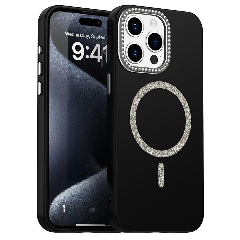 For iPhone 15 Pro Max Case Compatible with MagSafe TPU + PET Phone Cover with Rhinestone Decor Lens Frame - Black