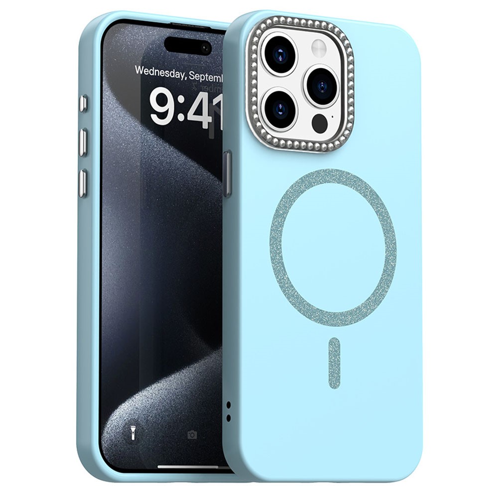 For iPhone 15 Pro Max Case Compatible with MagSafe TPU + PET Phone Cover with Rhinestone Decor Lens Frame - Blue