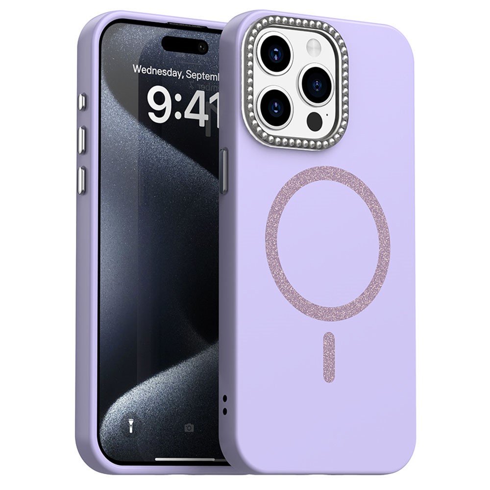 For iPhone 15 Pro Max Case Compatible with MagSafe TPU + PET Phone Cover with Rhinestone Decor Lens Frame - Purple