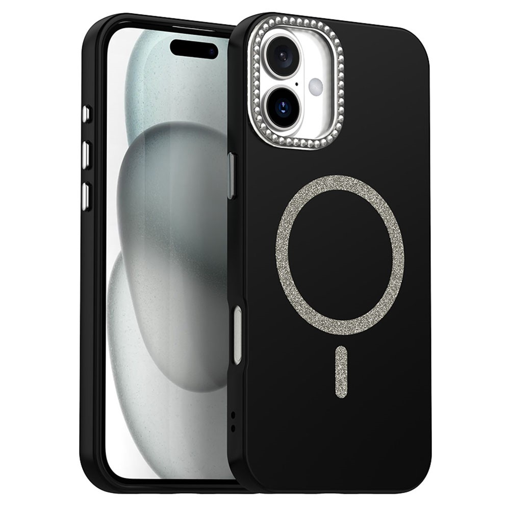 For iPhone 16 Plus Case Compatible with MagSafe TPU + PET Phone Cover with Rhinestone Decor Lens Frame - Black