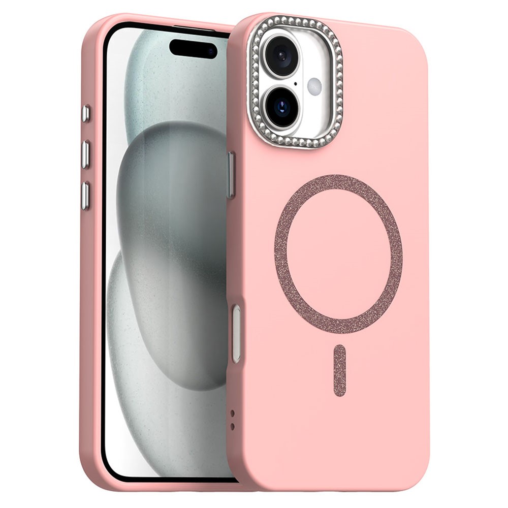 For iPhone 16 Plus Case Compatible with MagSafe TPU + PET Phone Cover with Rhinestone Decor Lens Frame - Pink