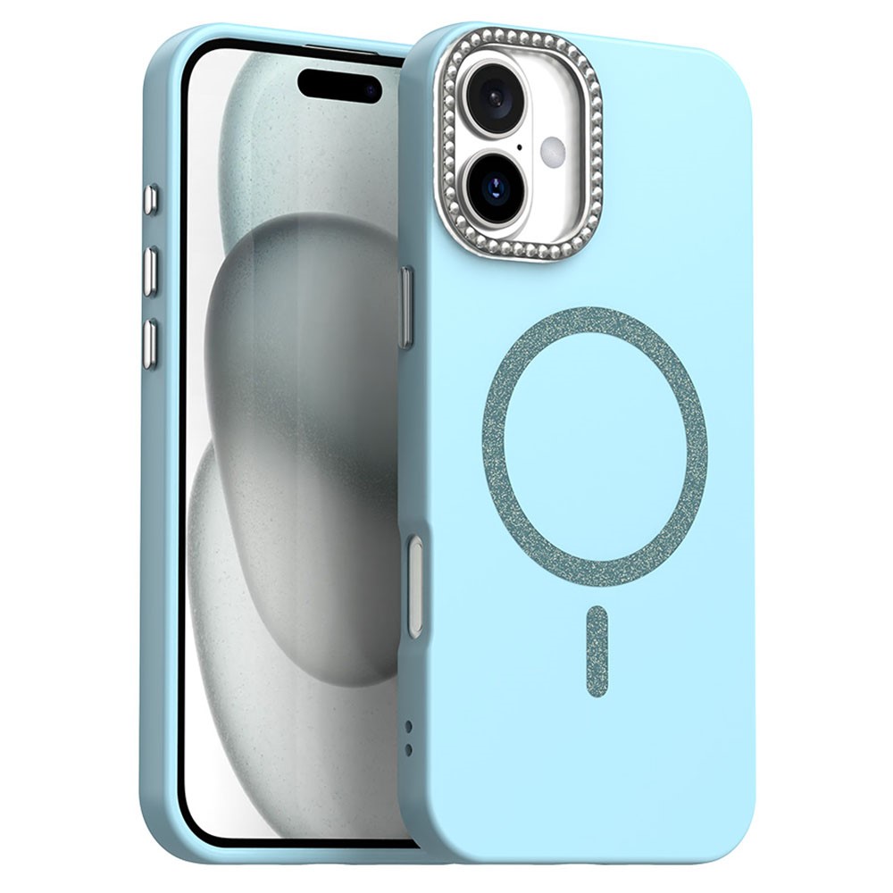 For iPhone 16 Plus Case Compatible with MagSafe TPU + PET Phone Cover with Rhinestone Decor Lens Frame - Blue