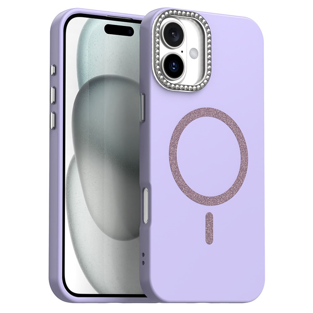For iPhone 16 Plus Case Compatible with MagSafe TPU + PET Phone Cover with Rhinestone Decor Lens Frame - Purple