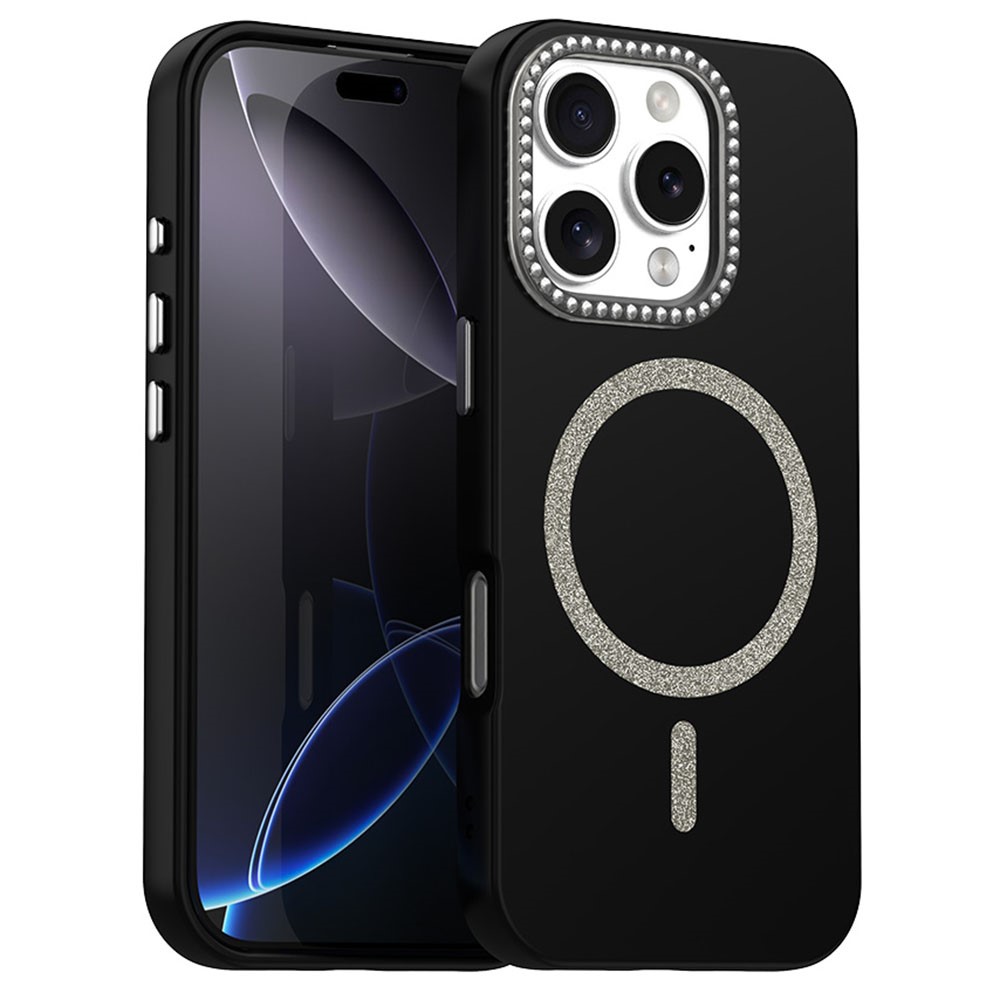 For iPhone 16 Pro Max Case Compatible with MagSafe TPU + PET Phone Cover with Rhinestone Decor Lens Frame - Black