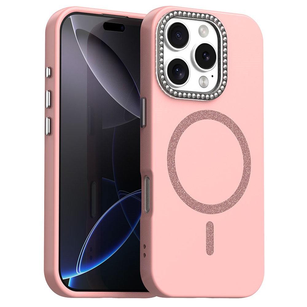 For iPhone 16 Pro Max Case Compatible with MagSafe TPU + PET Phone Cover with Rhinestone Decor Lens Frame - Pink
