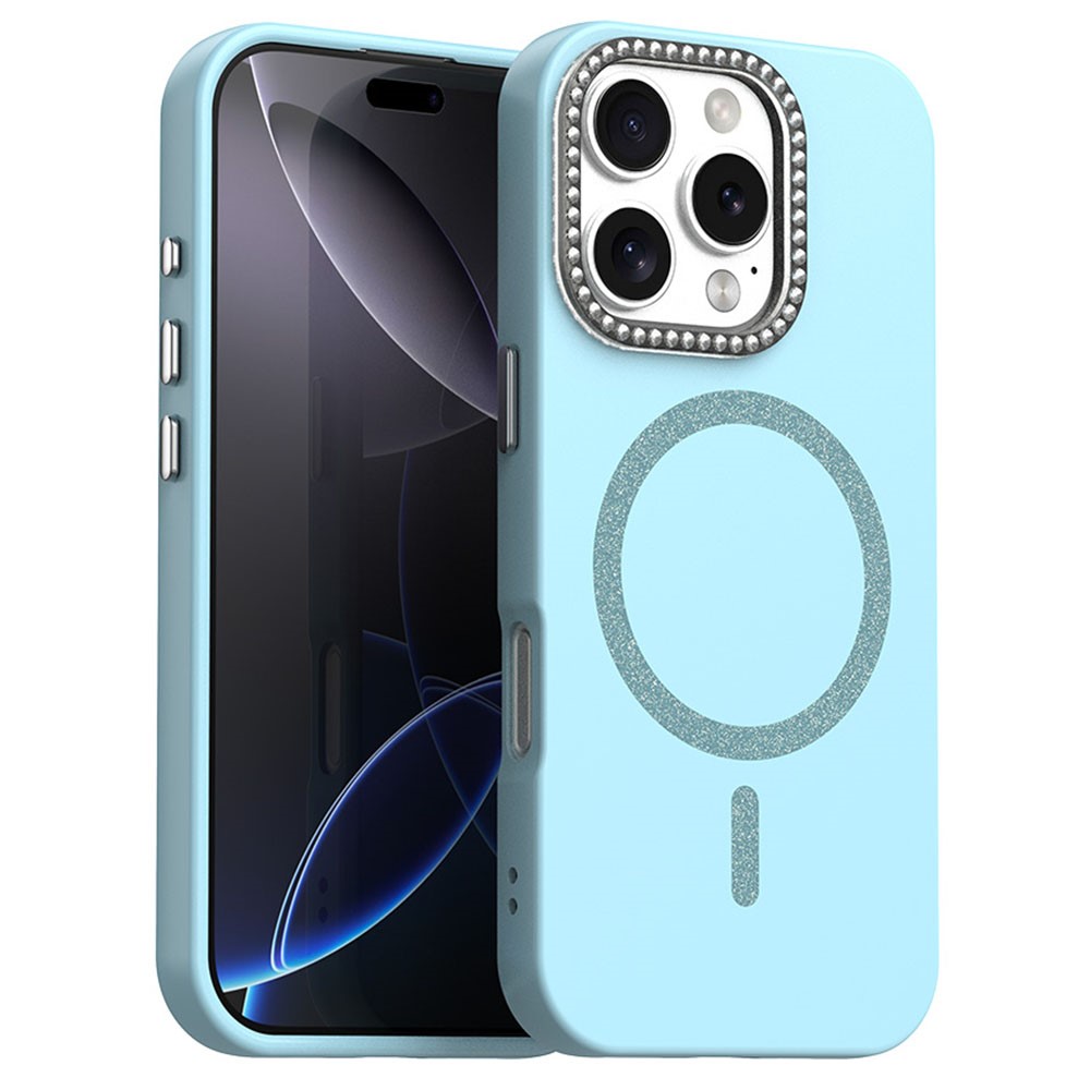 For iPhone 16 Pro Max Case Compatible with MagSafe TPU + PET Phone Cover with Rhinestone Decor Lens Frame - Blue