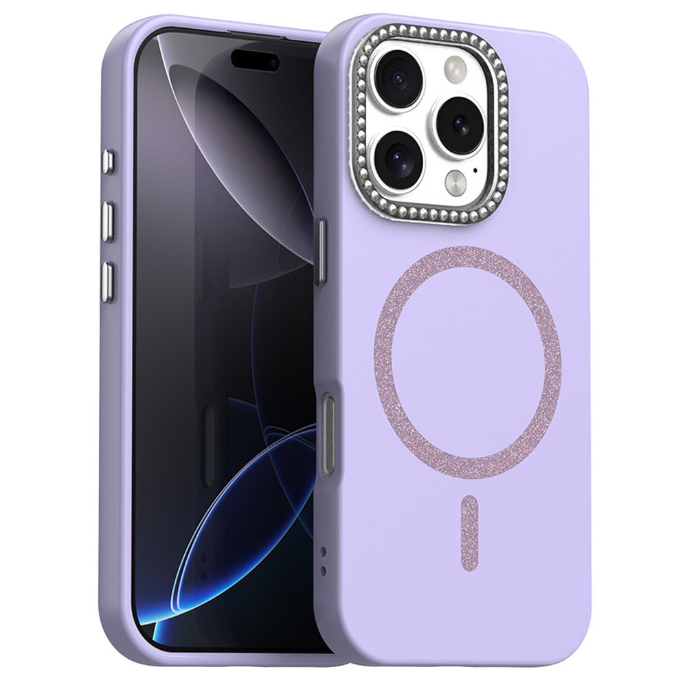 For iPhone 16 Pro Max Case Compatible with MagSafe TPU + PET Phone Cover with Rhinestone Decor Lens Frame - Purple