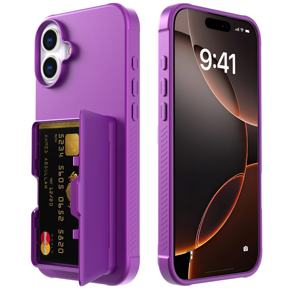 For iPhone 16 Plus Case with Card Holder / Mirror / Kickstand TPU + PC Phone Back Cover - Dark Purple