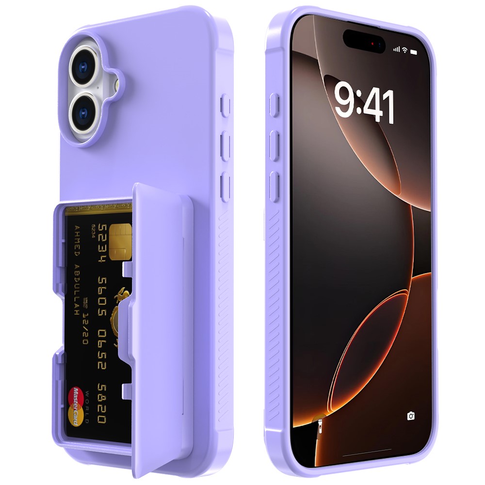 For iPhone 16 Plus Case with Card Holder / Mirror / Kickstand TPU + PC Phone Back Cover - Light Purple