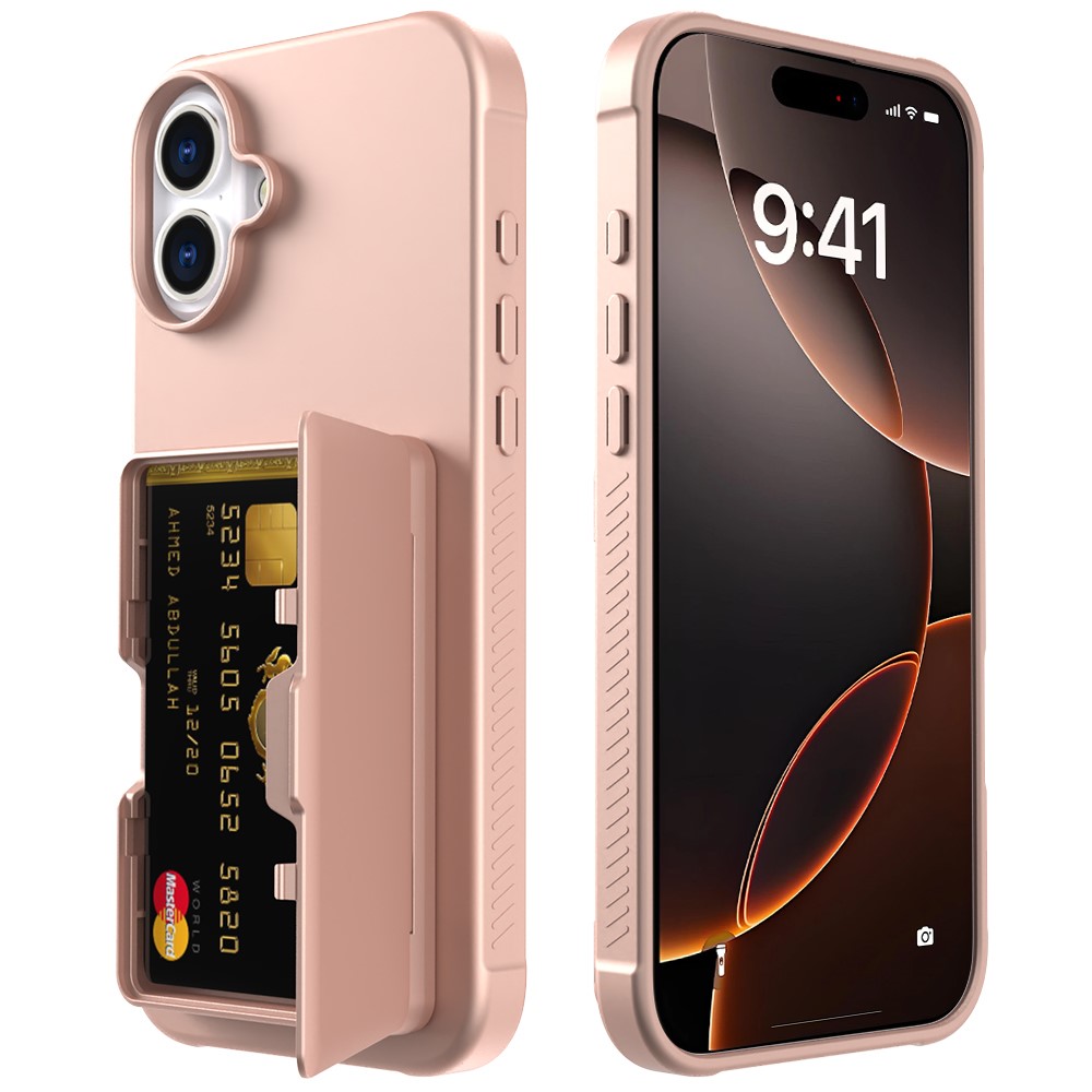 For iPhone 16 Plus Case with Card Holder / Mirror / Kickstand TPU + PC Phone Back Cover - Rose Gold