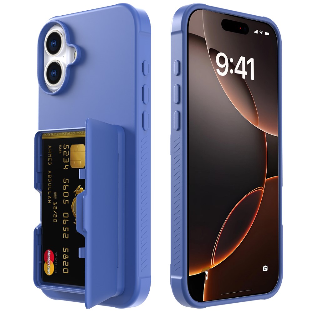 For iPhone 16 Plus Case with Card Holder / Mirror / Kickstand TPU + PC Phone Back Cover - Dark Blue