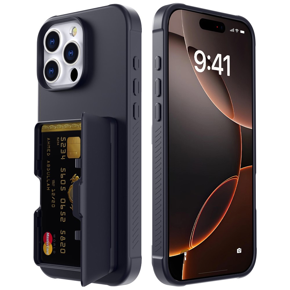 For iPhone 16 Pro Max Case with Card Holder / Mirror / Kickstand TPU + PC Phone Back Cover - Black