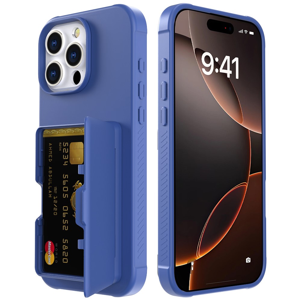 For iPhone 16 Pro Max Case with Card Holder / Mirror / Kickstand TPU + PC Phone Back Cover - Dark Blue