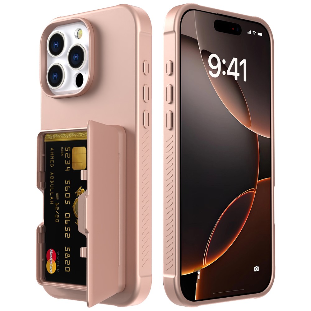 For iPhone 16 Pro Max Case with Card Holder / Mirror / Kickstand TPU + PC Phone Back Cover - Rose Gold
