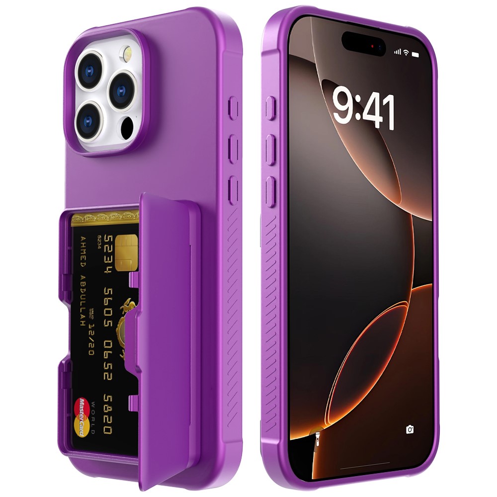 For iPhone 16 Pro Max Case with Card Holder / Mirror / Kickstand TPU + PC Phone Back Cover - Dark Purple