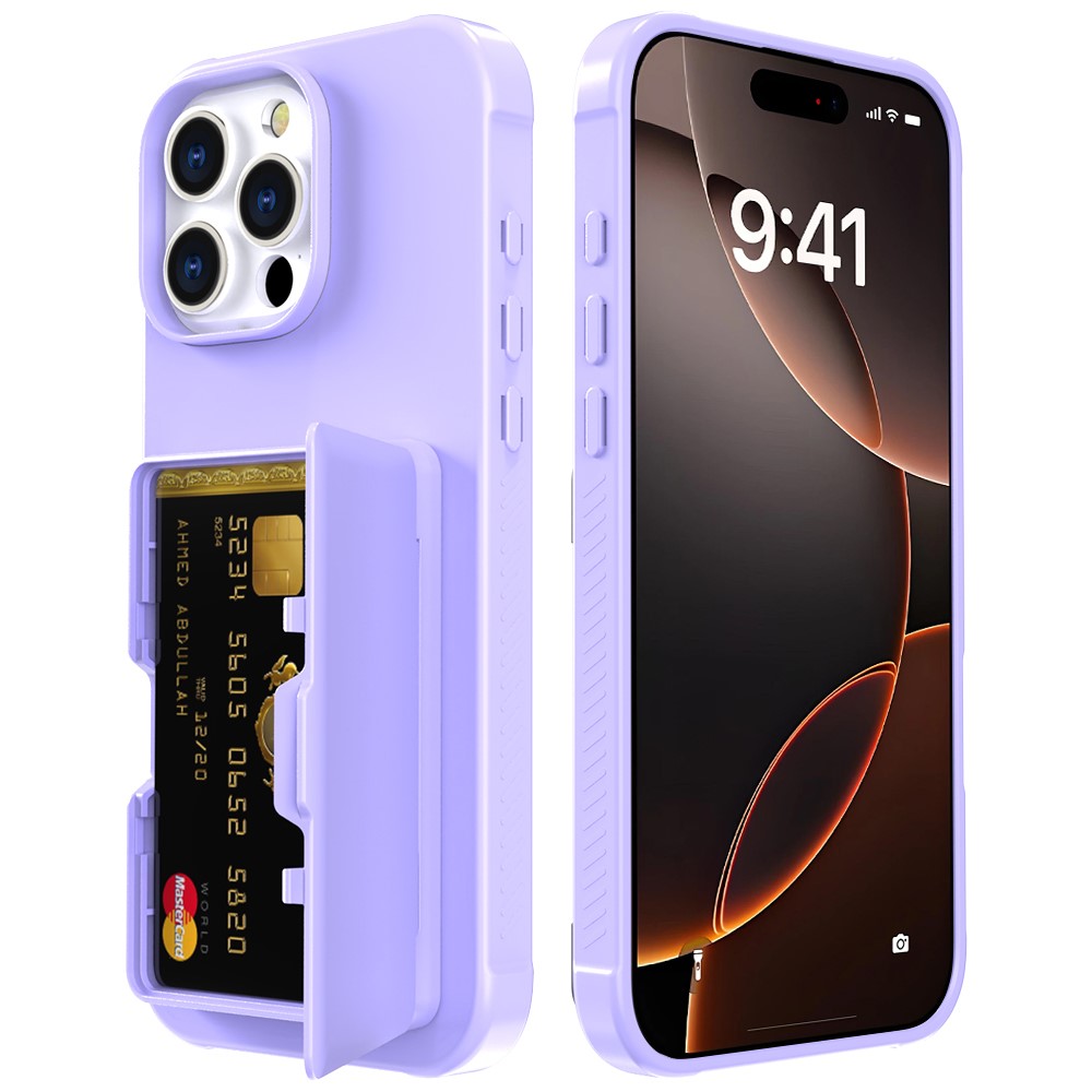 For iPhone 16 Pro Max Case with Card Holder / Mirror / Kickstand TPU + PC Phone Back Cover - Light Purple