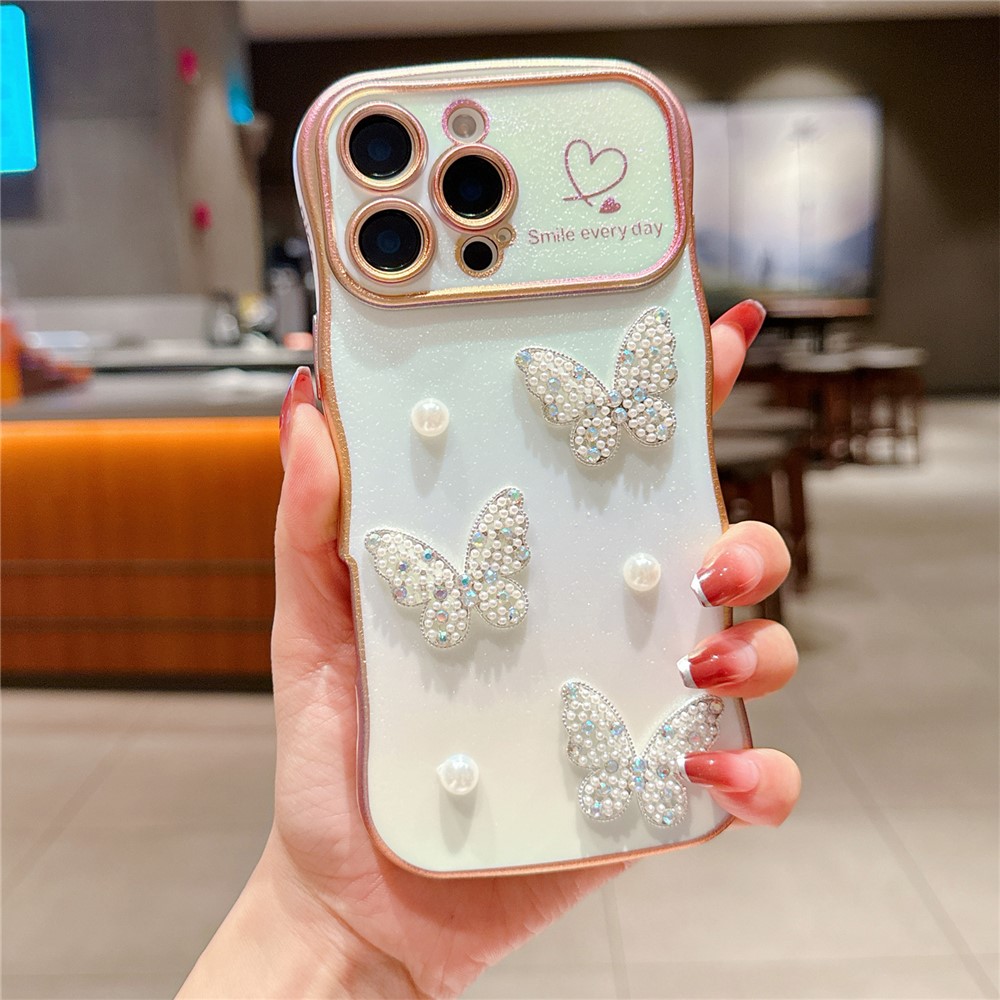 For iPhone 16 Pro Max Case Electroplating Wave Edge Dazzling Color TPU Phone Cover Pearl Butterfly Decor - White