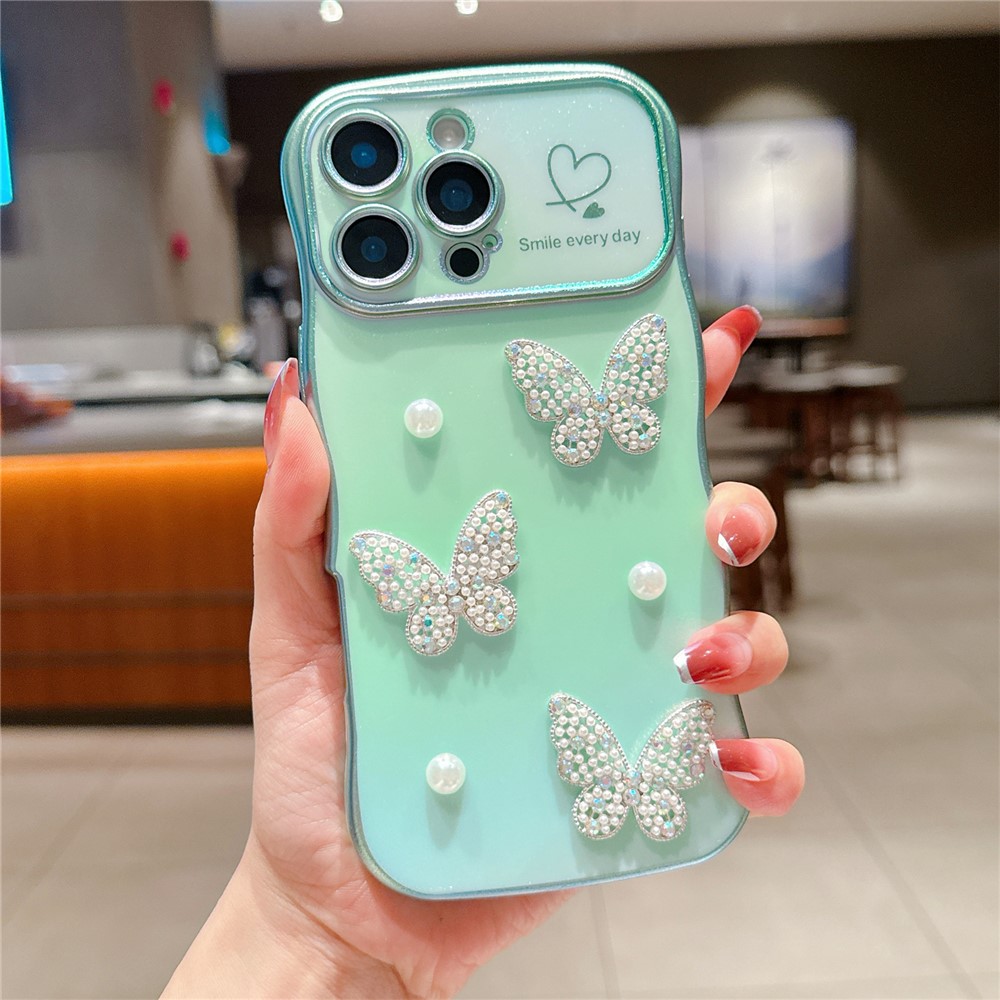 For iPhone 16 Pro Max Case Electroplating Wave Edge Dazzling Color TPU Phone Cover Pearl Butterfly Decor - Green