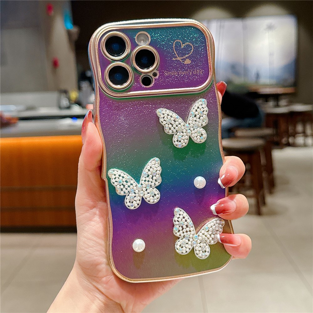 For iPhone 16 Pro Max Case Electroplating Wave Edge Dazzling Color TPU Phone Cover Pearl Butterfly Decor - Colorful