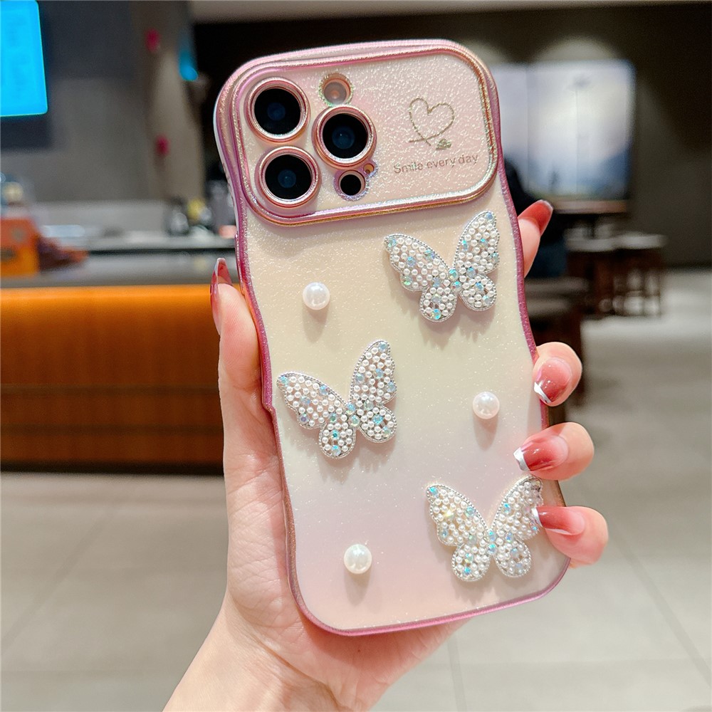 For iPhone 16 Pro Max Case Electroplating Wave Edge Dazzling Color TPU Phone Cover Pearl Butterfly Decor - Pink