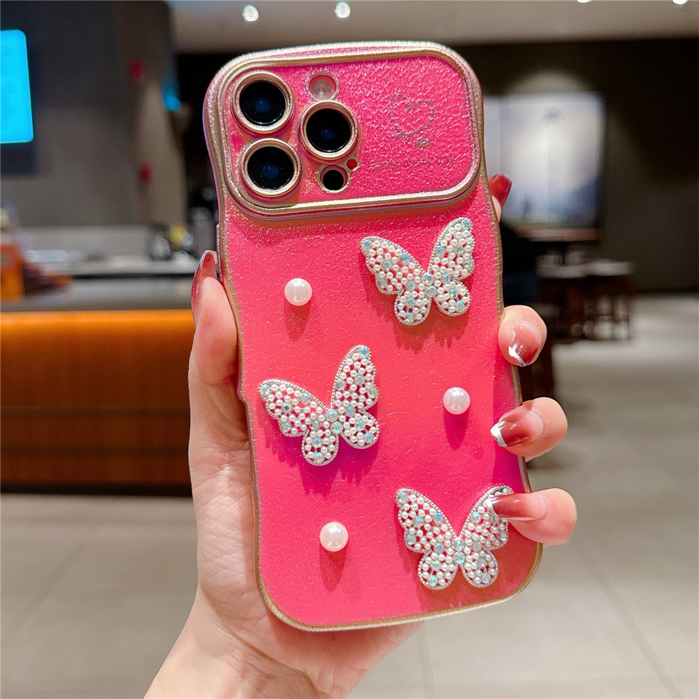 For iPhone 16 Pro Max Case Electroplating Wave Edge Dazzling Color TPU Phone Cover Pearl Butterfly Decor - Red