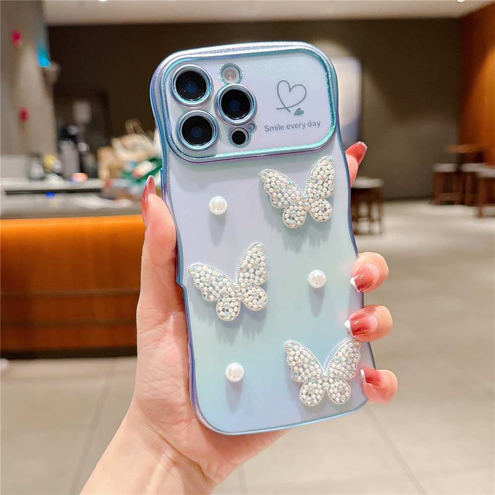 For iPhone 16 Pro Max Case Electroplating Wave Edge Dazzling Color TPU Phone Cover Pearl Butterfly Decor - Blue