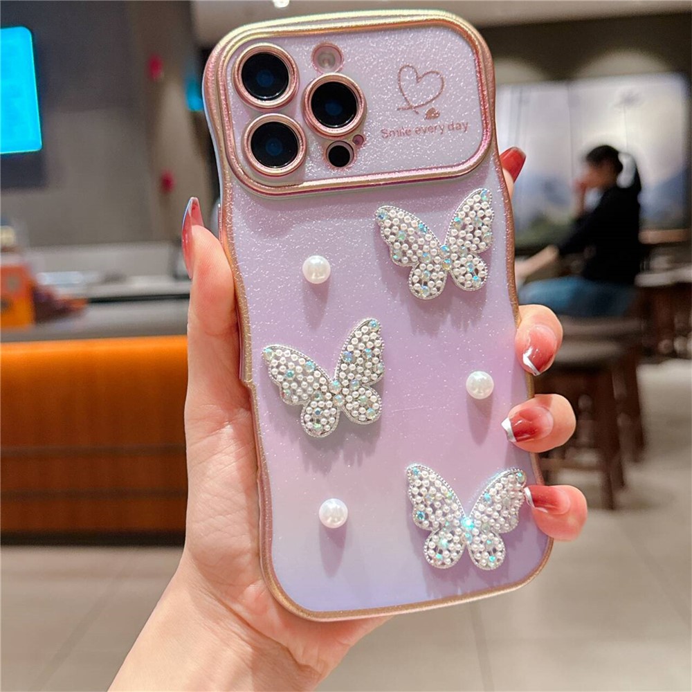 For iPhone 16 Pro Max Case Electroplating Wave Edge Dazzling Color TPU Phone Cover Pearl Butterfly Decor - Purple