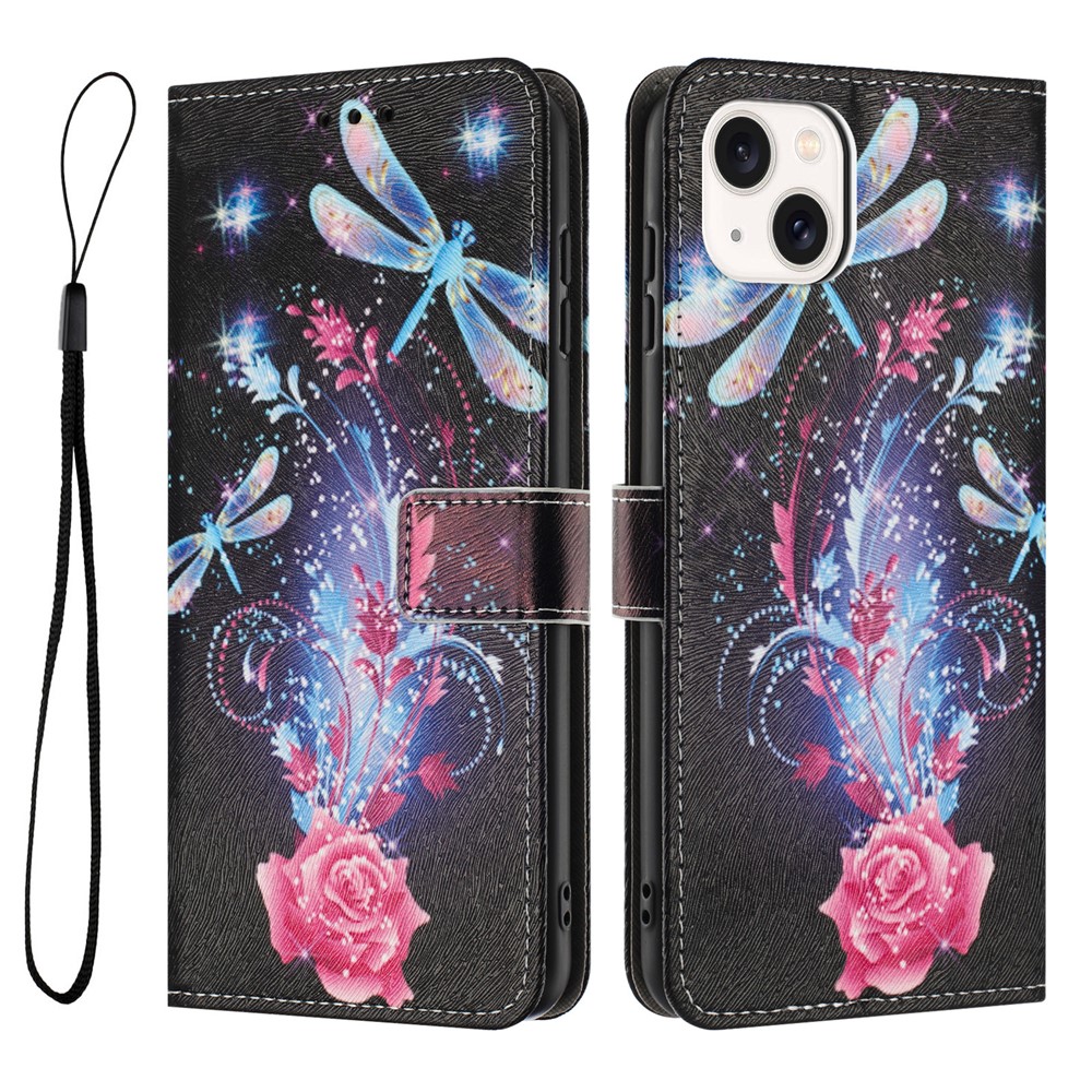 YX-2501 Wallet Case for iPhone 15 Plus / 14 Plus Pattern Printing PU Leather Phone Cover with Lanyard - Dragonfly
