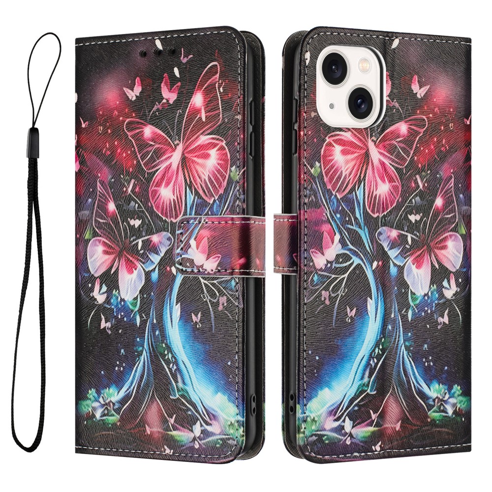 YX-2501 Wallet Case for iPhone 15 Plus / 14 Plus Pattern Printing PU Leather Phone Cover with Lanyard - Butterfly Tree