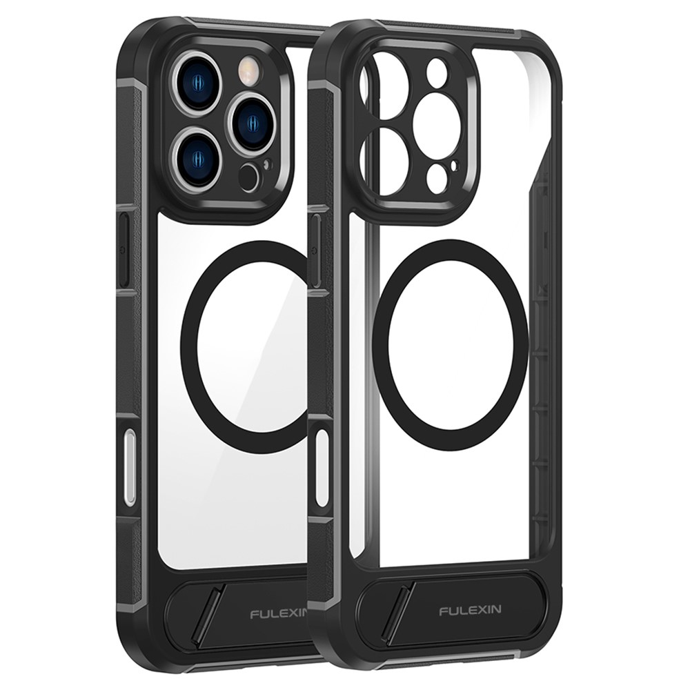 For iPhone 16 Pro Max Magnetic Case TPU + PC Kickstand Phone Back Cover - Black