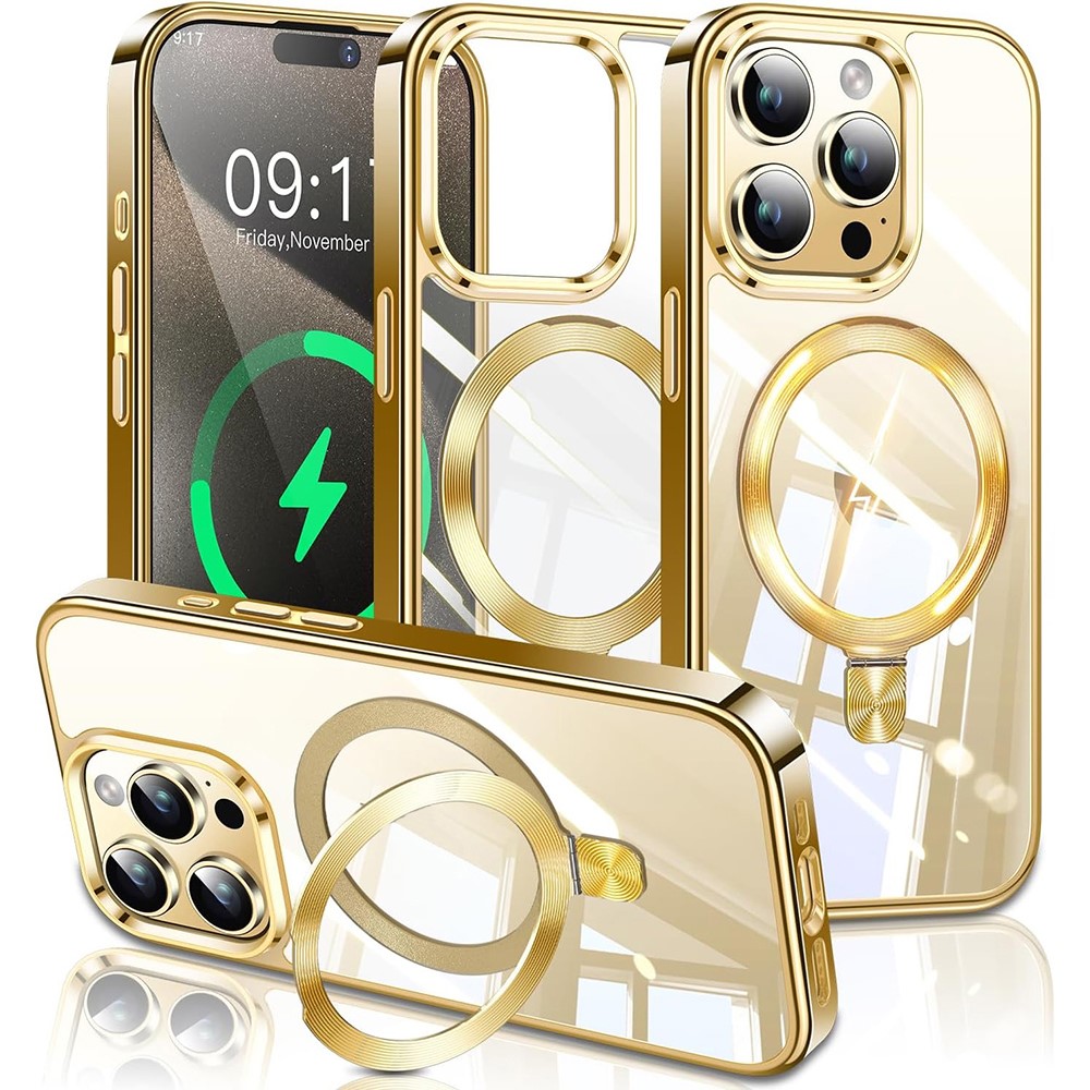 For iPhone 15 Pro Magnetic Case Electroplated TPU + PC Kickstand Clear Back Phone Cover - Gold
