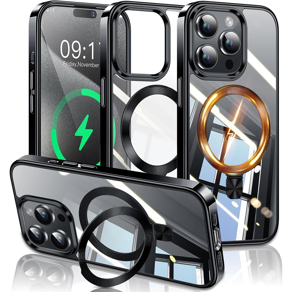 For iPhone 15 Pro Magnetic Case Electroplated TPU + PC Kickstand Clear Back Phone Cover - Black