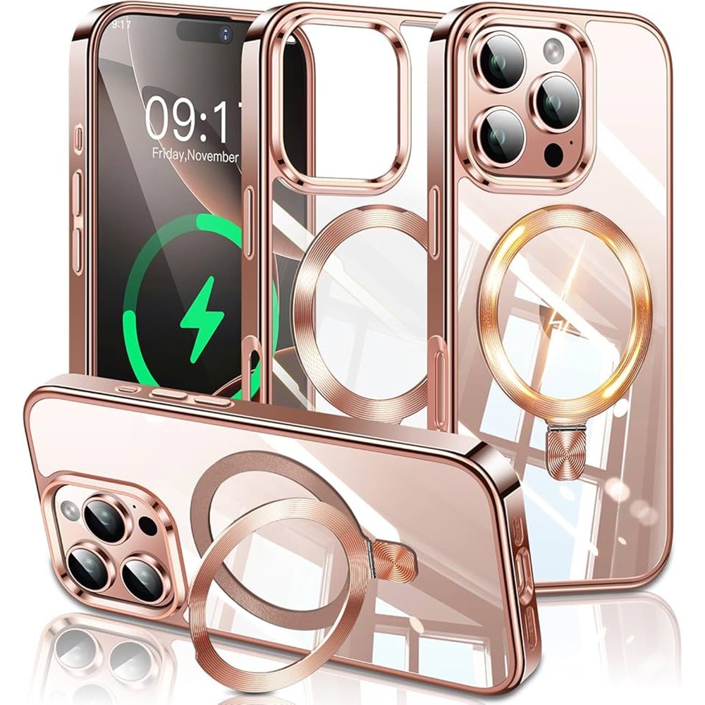 For iPhone 16 Pro Max Magnetic Case Electroplated TPU + PC Kickstand Clear Back Phone Cover - Desert Gold