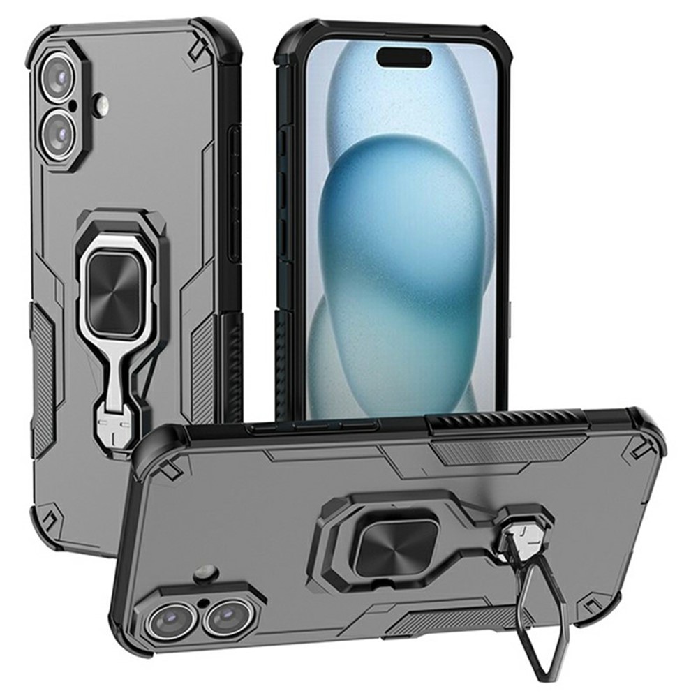 Bulk Purchasing For iPhone 16 Plus Case Rotatable Ring Kickstand PC + TPU Shockproof Phone Cover - Black