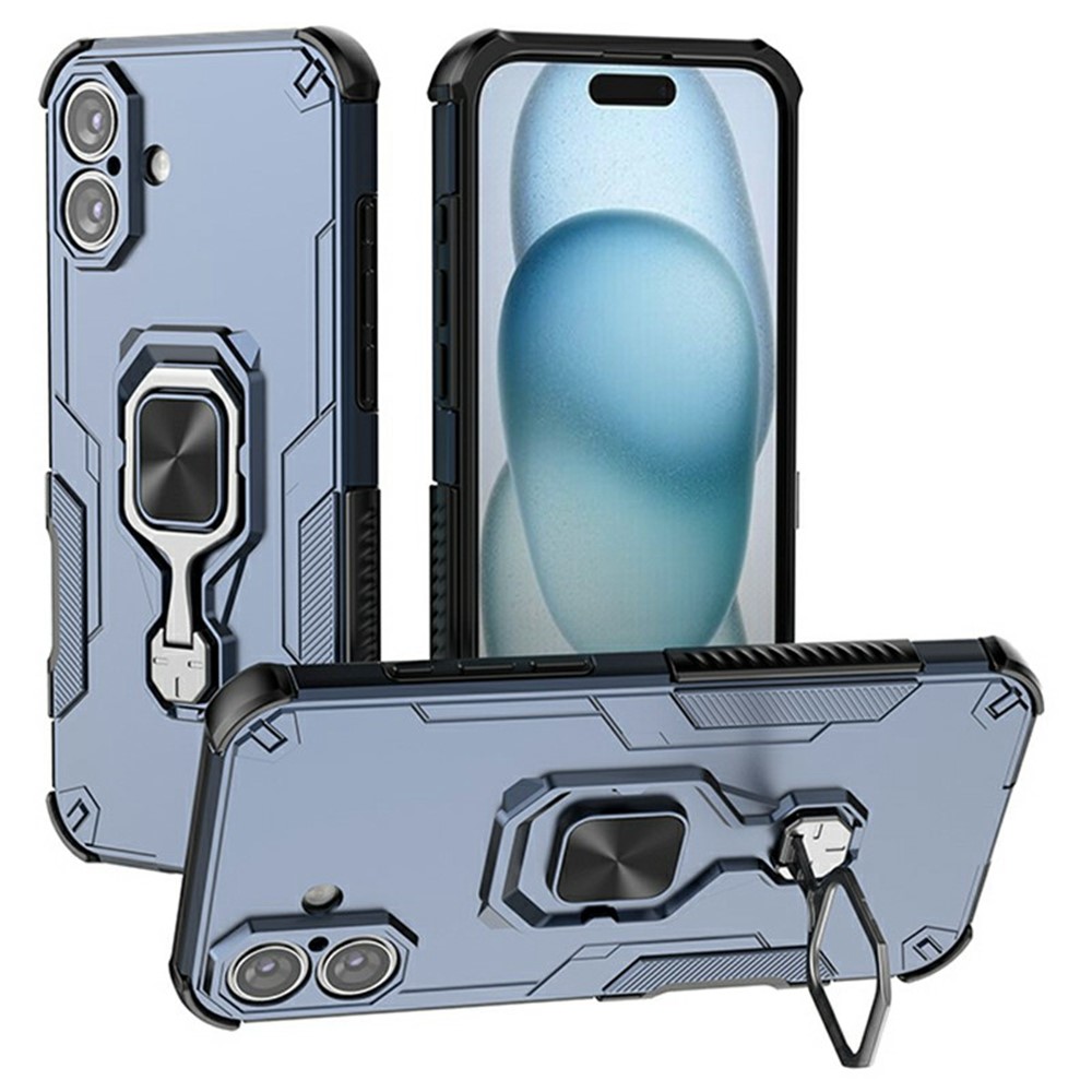 Bulk Purchasing For iPhone 16 Plus Case Rotatable Ring Kickstand PC + TPU Shockproof Phone Cover - Navy Blue