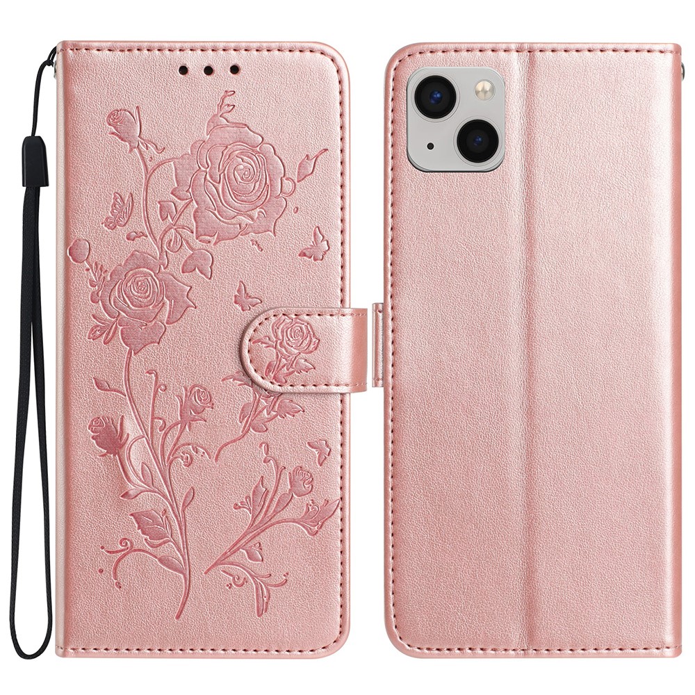 For iPhone 14 Wallet Case Rose Pattern Imprinted Leather Flip Stand Phone Cover - Rose Gold