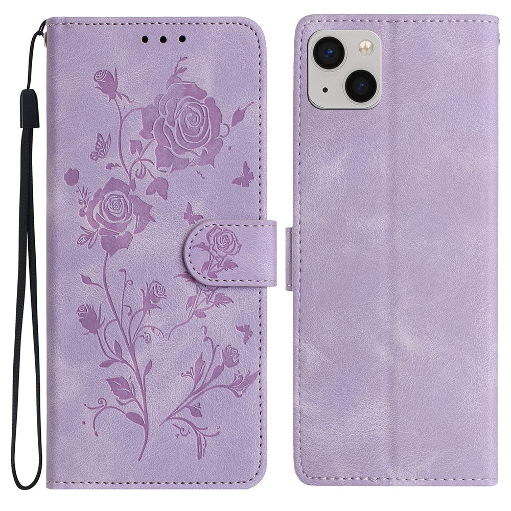 For iPhone 14 Wallet Case Rose Pattern Imprinted Leather Flip Stand Phone Cover - Light Purple