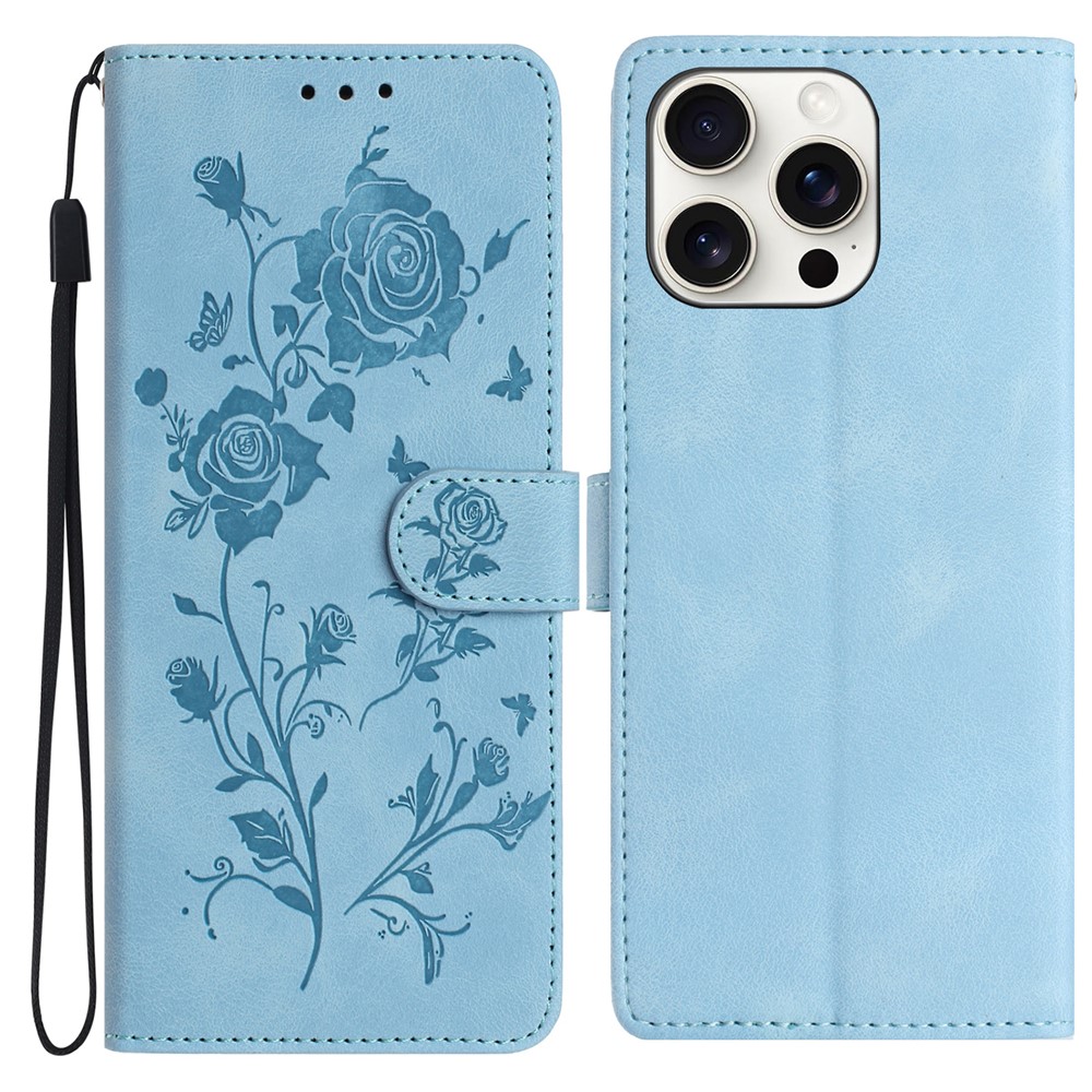 For iPhone 14 Pro Max Wallet Case Rose Pattern Imprinted Leather Flip Stand Phone Cover - Sky Blue