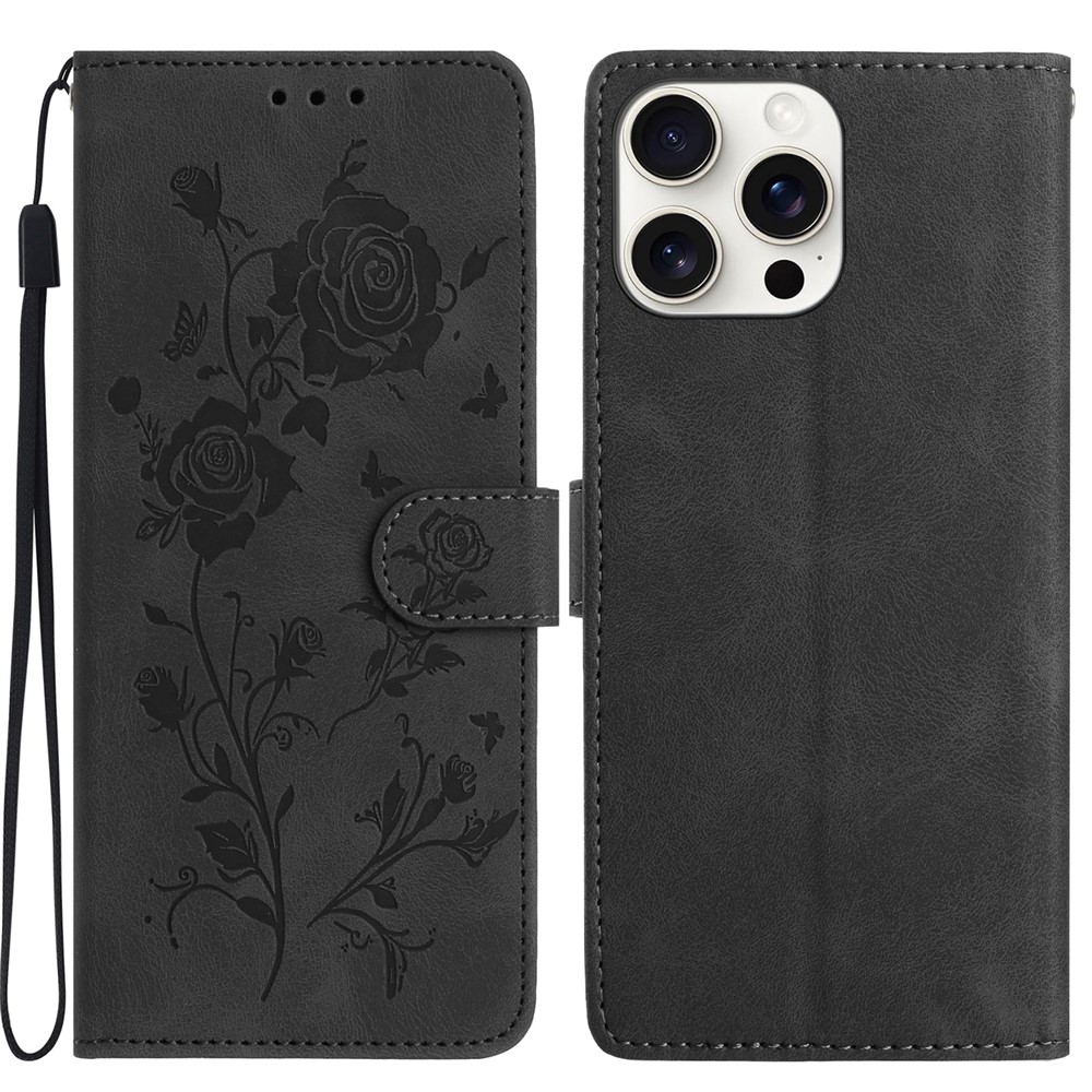 For iPhone 14 Pro Max Wallet Case Rose Pattern Imprinted Leather Flip Stand Phone Cover - Black